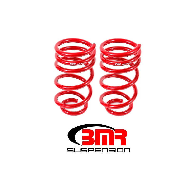BMR SP021R red powdercoated linear rear lowering springs for 2010-2015 Chevrolet Camaro V8 models.