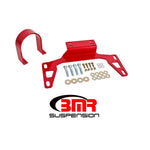 Red powdercoated BMR steel front driveshaft safety loop for 2011-2020 Ford Mustang.