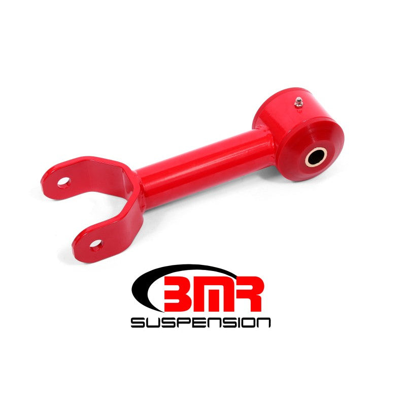 Red powdercoated BMR non-adjustable upper control arm for 2011-2014 Ford Mustang with polyurethane bushings.