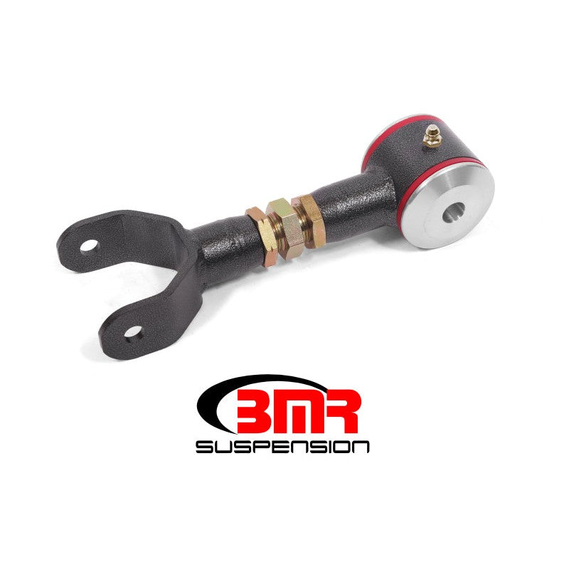 BMR UTCA032H black hammertone on-car adjustable upper control arm for 2011-2014 Ford Mustang with red poly bushings.