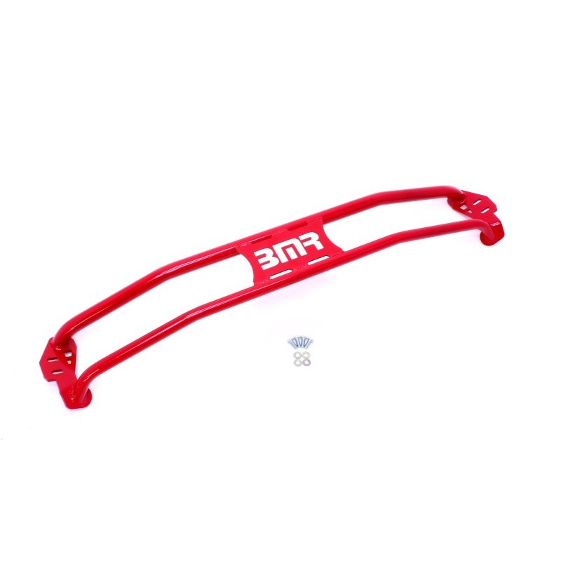 Red BMR 2-point steel strut tower brace for 2011-2015 5th Gen Chevrolet Camaro front suspension