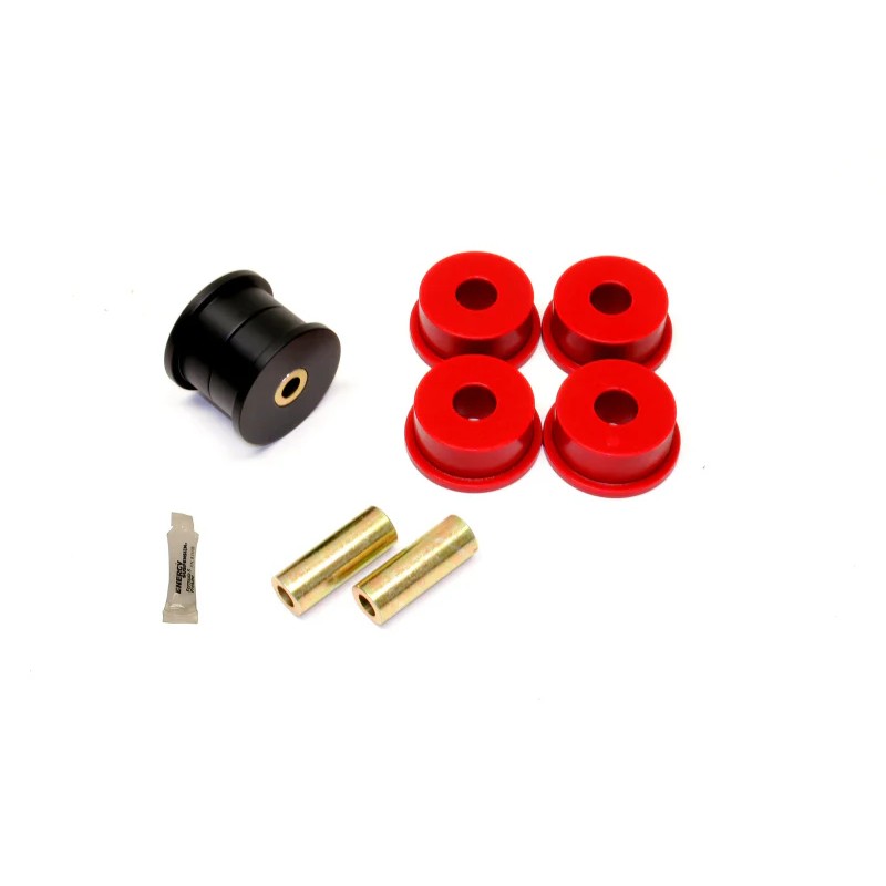 BMR BK046 differential mount bushing kit featuring red polyurethane and black Delrin bushings for 5th Gen Camaro.