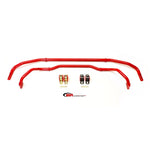 Red powder-coated BMR SB039R front and rear sway bars with polyurethane bushings and reinforced brackets for 5th Gen Camaro.