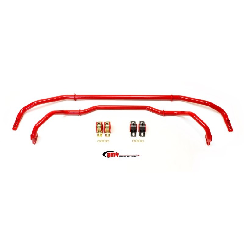 Red powder-coated BMR SB039R front and rear sway bars with polyurethane bushings and reinforced brackets for 5th Gen Camaro.