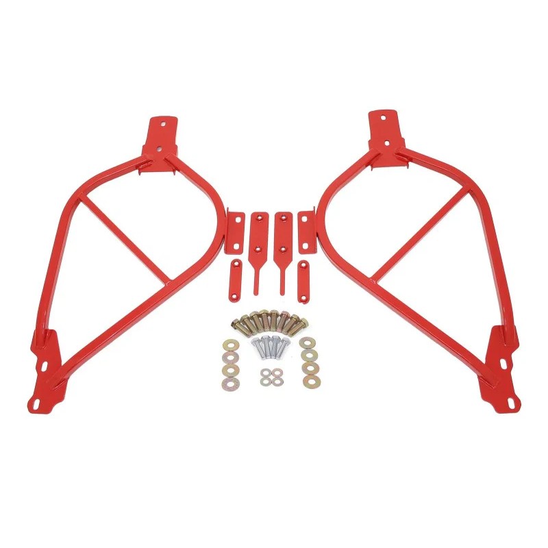 Red powdercoated BMR Suspension bolt-on subframe connectors for 2014-2017 Chevy SS Sedan.