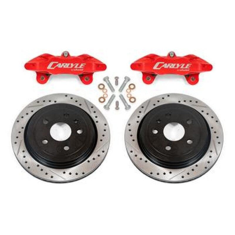 BMR 15-inch brake conversion kit for C7 Corvette featuring red calipers and drilled and slotted rotors.