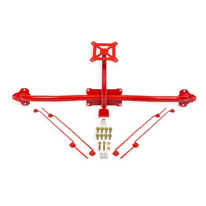 Red powder-coated BMR DOM tubing bolt-on parachute mount for 2014-2019 C7 Chevrolet Corvette.