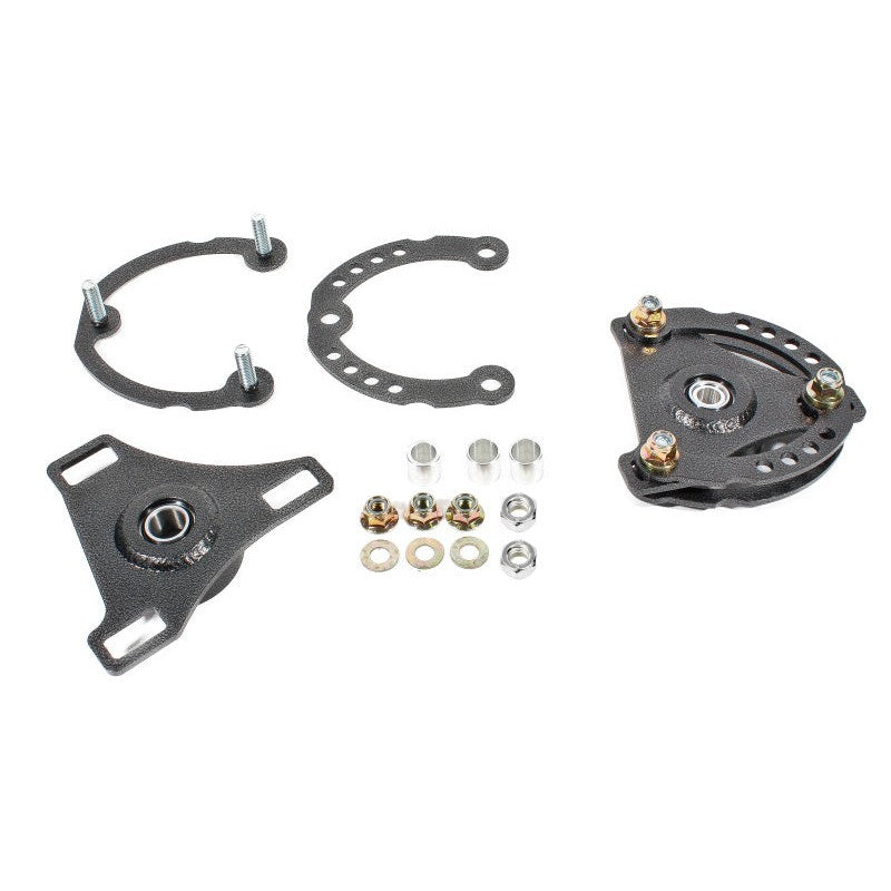 BMR Suspension black hammertone caster camber plates for 2015-2024 Ford Mustang S550 and S650.