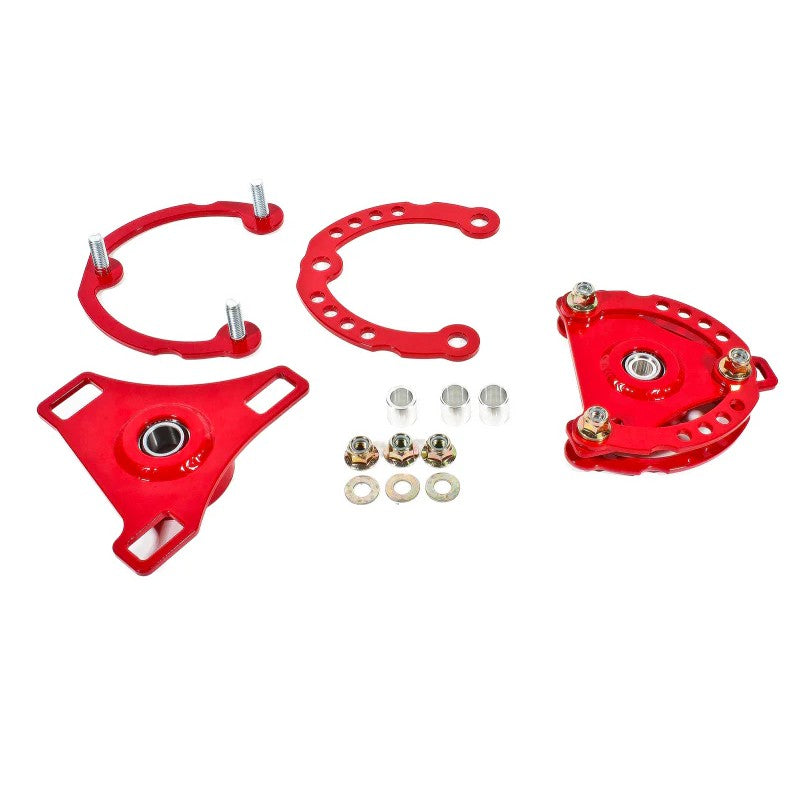 BMR Red powder-coated CNC laser-cut steel caster camber plates for 2015-2024 Ford Mustang.