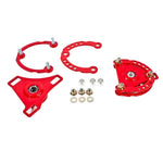 BMR Red powder-coated CNC laser-cut steel caster camber plates for 2015-2024 Ford Mustang.
