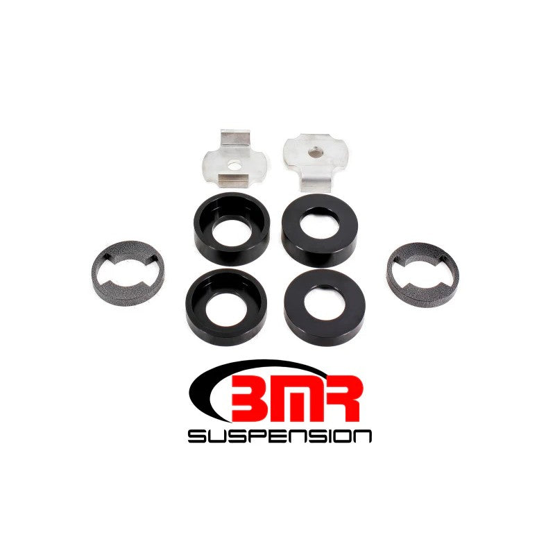 Black BMR CB010 billet aluminum and stainless steel cradle bushing lockout kit for 2015-2024 Ford Mustang