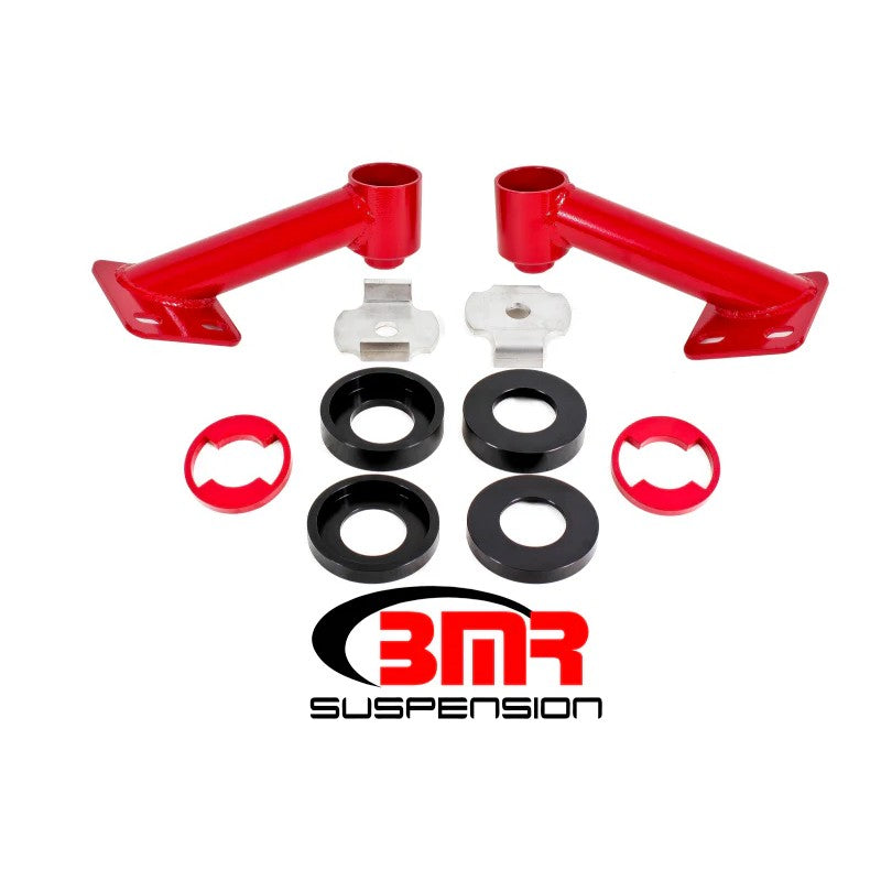 BMR red powder-coated steel cradle braces and billet aluminum bushing lockout rings with hardware for S550 and S650 Mustang.