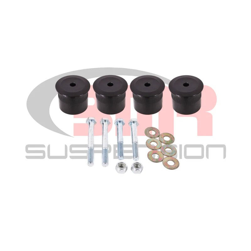 Four black CNC-machined billet aluminum differential bushings for 2015-2024 Ford Mustang performance applications.