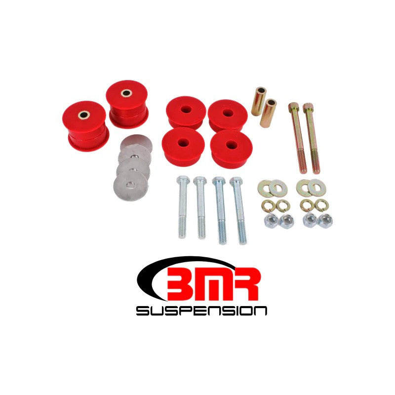 BMR Red 95-durometer polyurethane differential bushings and zinc-coated mounting hardware for S550 and S650 Mustangs