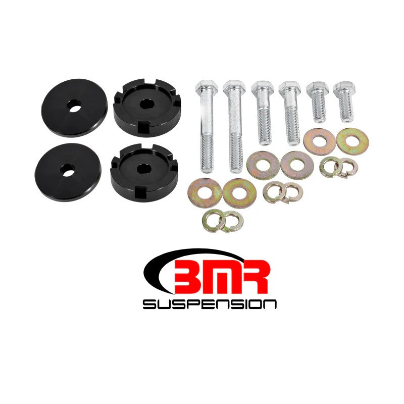 BMR BK054 black CNC-machined 6061-T6 billet aluminum differential lockout bushing plates for 2015-2024 Ford Mustang.