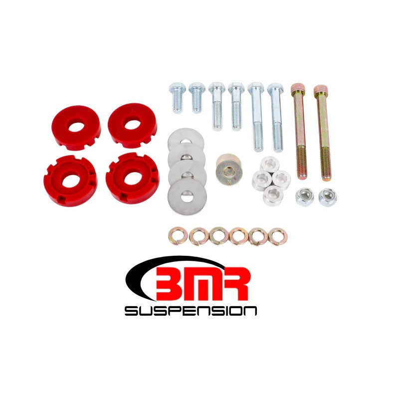Red 95-durometer polyurethane differential bushing lockout inserts and mounting hardware for 2015-2024 Ford Mustang.