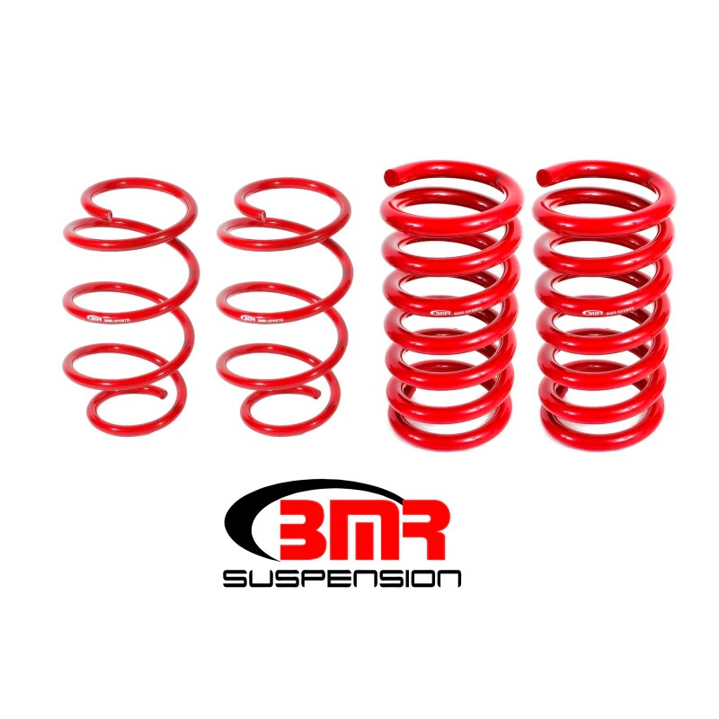 Set of four red BMR Drag Version lowering springs for 2015-2024 Ford Mustang