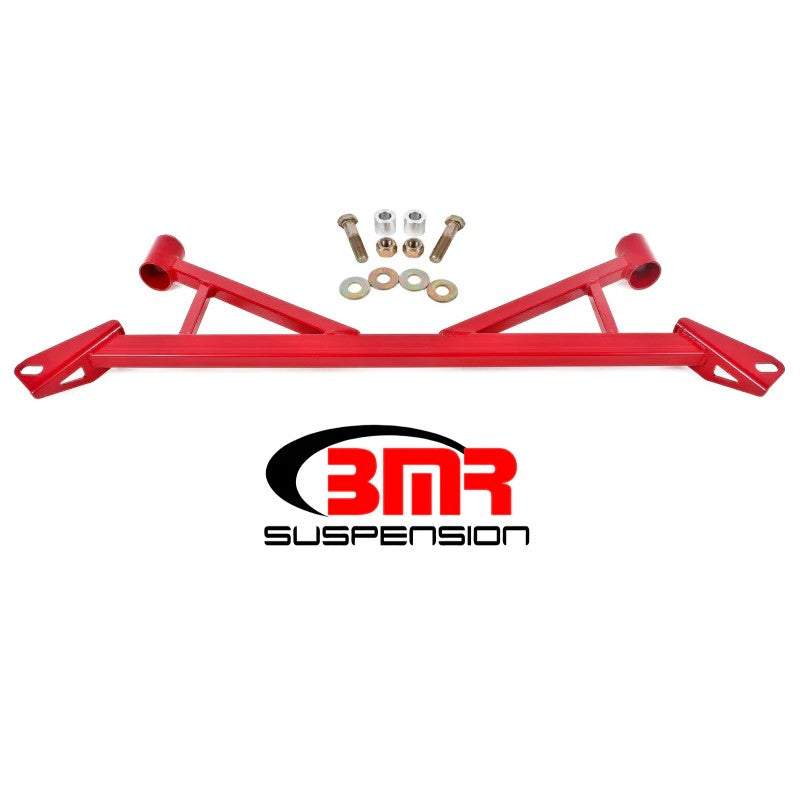 Red powdercoated BMR 4-point front subframe chassis brace for 2015-2024 Ford Mustang.