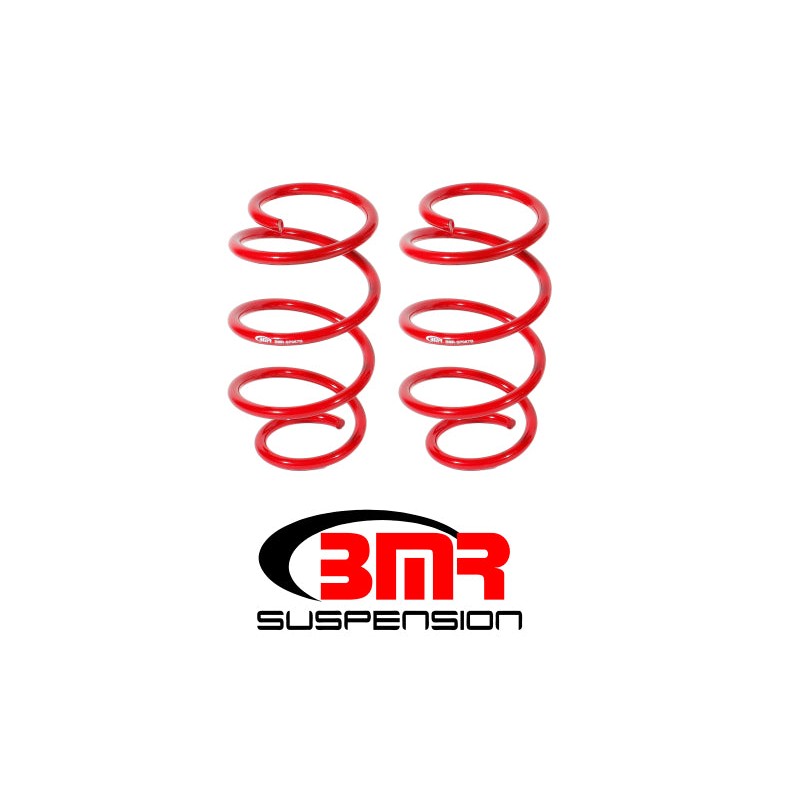 Red powdercoated BMR front drag lowering springs for S550 and S650 Ford Mustang.