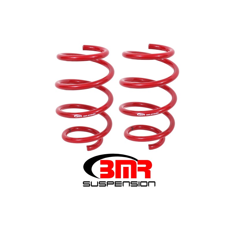 A pair of red BMR Suspension Handling Version front lowering springs for 2015-2024 Ford Mustang.