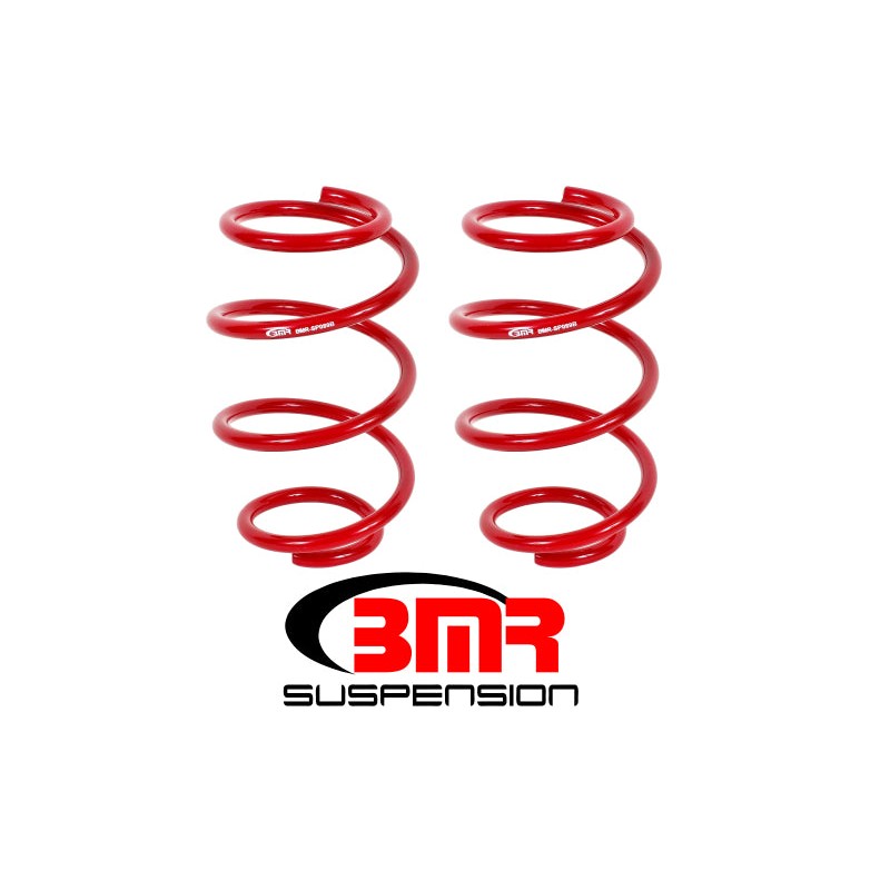Pair of red BMR Suspension Performance Version front lowering springs for 2015-2024 Ford Mustang.