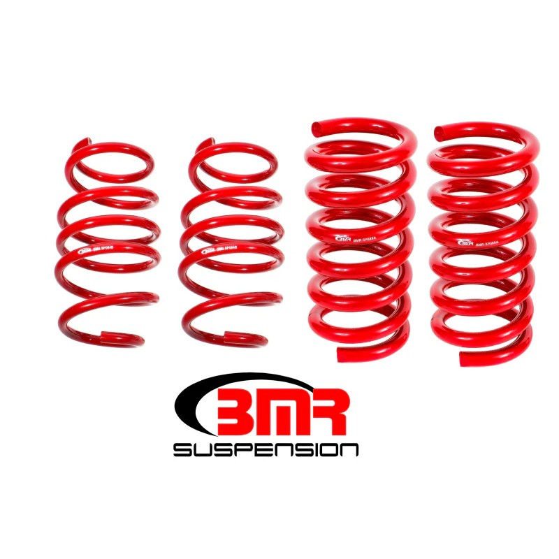Set of four red powdercoated BMR Handling Version lowering springs for 2015-2024 Ford Mustang.