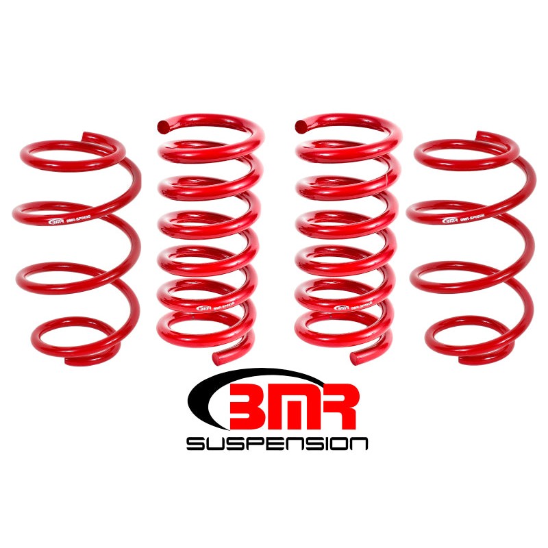 Set of four red BMR Suspension performance lowering springs for 2015-2024 Ford Mustang