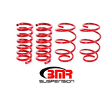 Set of four red BMR Suspension Performance Version lowering springs for 2015-2024 Ford Mustang.
