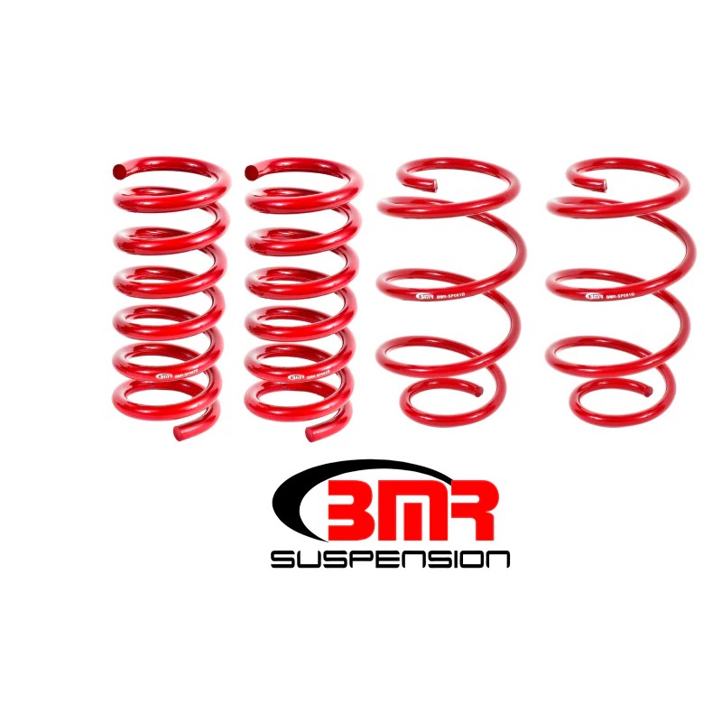 Set of four red BMR Suspension Performance Version lowering springs for 2015-2024 Ford Mustang.