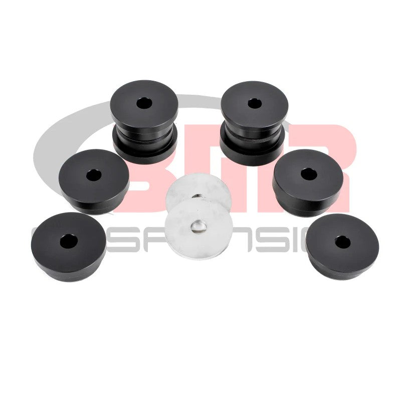BMR BK048 black CNC-machined aluminum rear cradle bushing kit for 2015-2024 Ford Mustang
