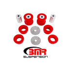 Red BMR polyurethane rear cradle bushings and zinc-coated hardware for 2015-2024 Ford Mustang.