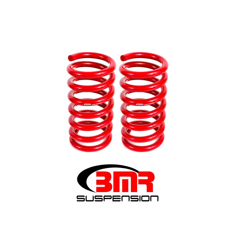 Pair of red powdercoated BMR SP088 rear drag lowering springs for 2015-2024 Ford Mustang.