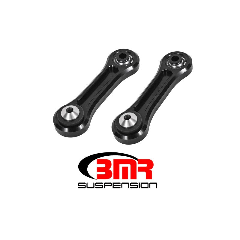 Black BMR Billet Aluminum Rear Vertical Links with Delrin and spherical bearings for 2015-2020 Ford Mustang.