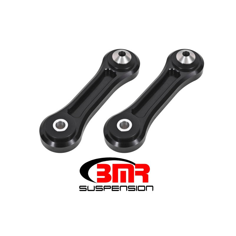 Pair of black anodized CNC-machined billet aluminum vertical links with white Delrin bushings for S550 Ford Mustang.