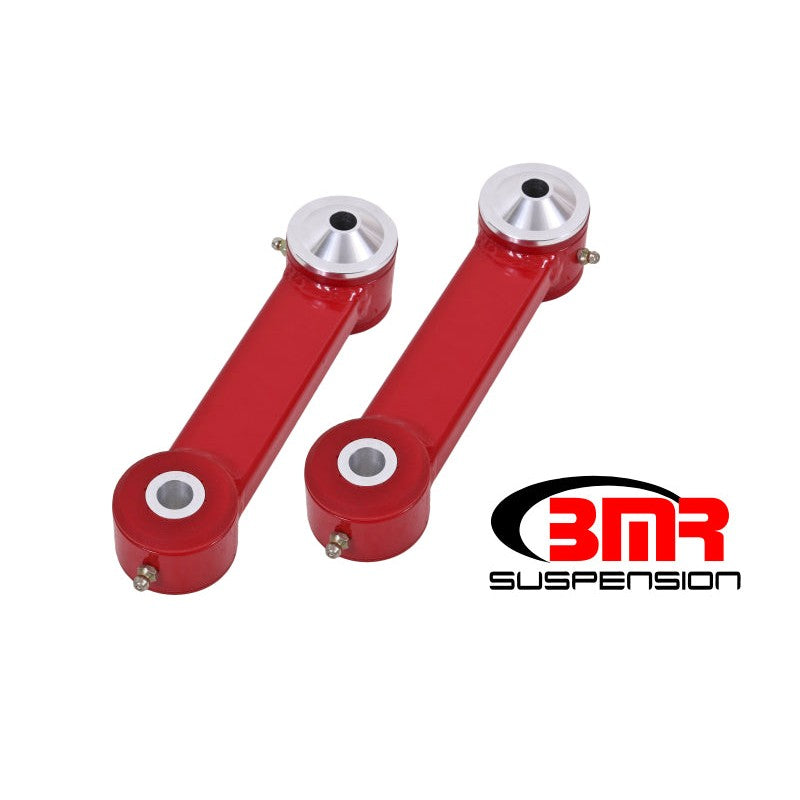 Red BMR tubular steel rear vertical links with polyurethane bushings for 2015-2020 Ford Mustang.