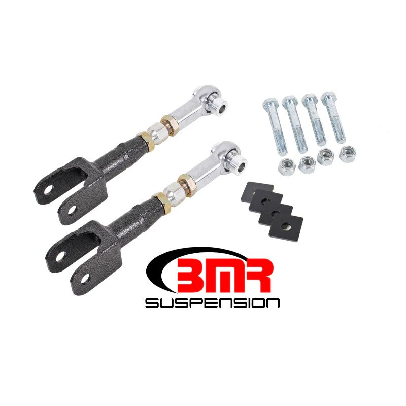 BMR Black Hammertone adjustable rear toe rods with chrome-moly rod ends and lockout plates for 2015-2020 Ford Mustang