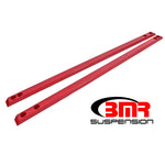 Red powder-coated BMR Super Low Profile Chassis Jacking Rails for 2015-2023 Ford Mustang