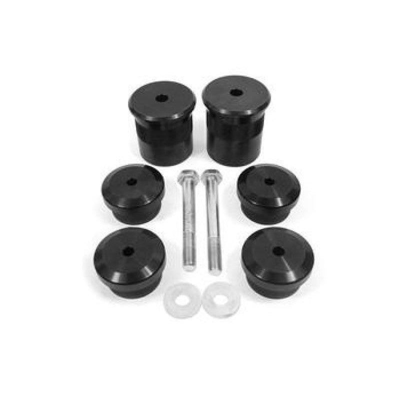 Black anodized CNC-machined aluminum differential mount housing bushings for 2015-2018 Dodge Challenger.