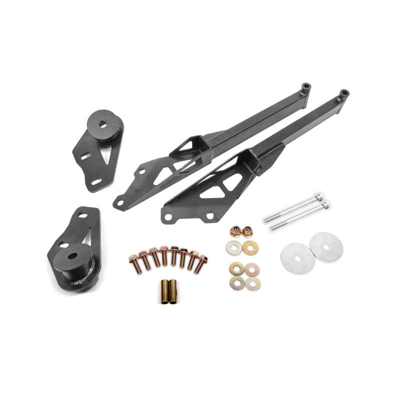 BMR Suspension black hammertone IRS subframe support brace system for 2015-2024 Ford Mustang.