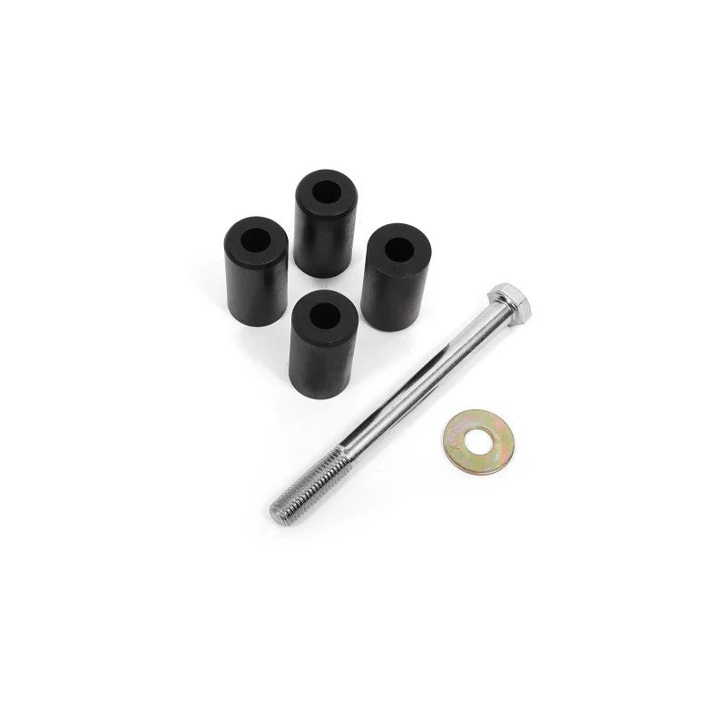 Four black BMR CNC-machined rear cradle centering sleeves for 2015-2024 Ford Mustang subframe reinforcement