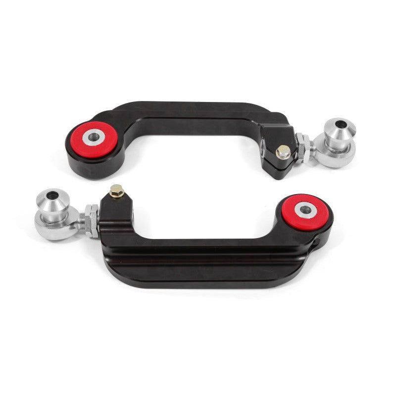Black anodized BMR billet aluminum adjustable camber links with polyurethane bushings and rod ends for S550 Ford Mustang.