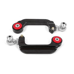 Black anodized BMR billet aluminum adjustable camber links with polyurethane bushings and rod ends for S550 Ford Mustang.