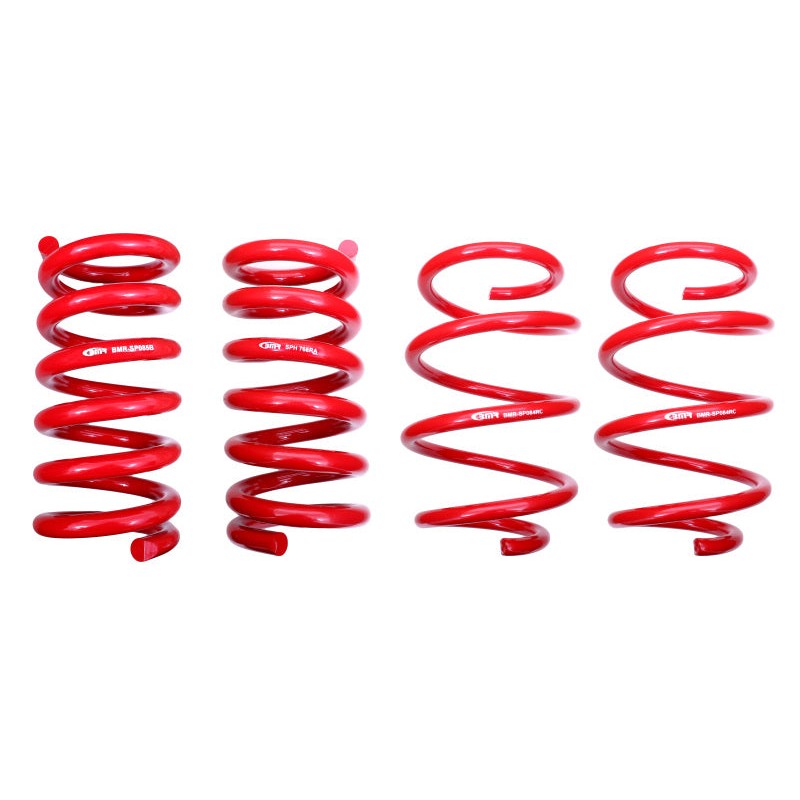 Set of four red BMR Suspension lowering springs for 2015-2024 Ford Mustang GT and Shelby models.