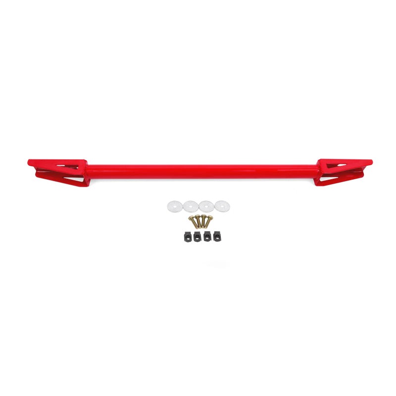 Red powder-coated BMR chromoly K-member chassis brace for 2015-2024 Ford Mustang S550 and S650.