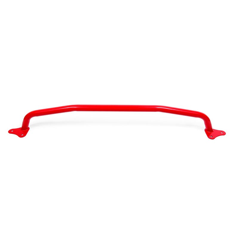 Red powdercoated BMR Chromoly rear bumper support with laser-cut mounting plates for 2015-2024 Ford Mustang.