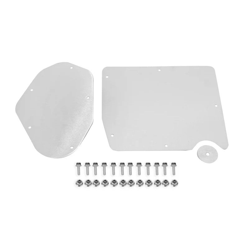 CNC-laser cut bare aluminum A/C and heater delete panel for 2015-2024 Ford Mustang firewall.