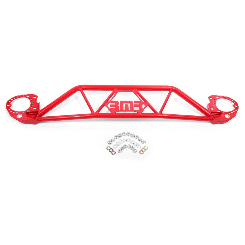 Red powder-coated BMR twin-tube front strut tower brace for 2015-2020 Ford Mustang.