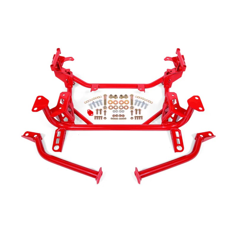 Red powder coated BMR Street Version tubular DOM steel K-member for 2015-2024 Ford Mustang models.