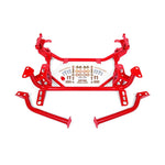 Red powder coated BMR Street Version tubular DOM steel K-member for 2015-2024 Ford Mustang models.