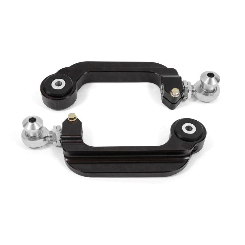 Black anodized billet aluminum adjustable camber links with Delrin bushings for 2015-2021 Ford Mustang S550.